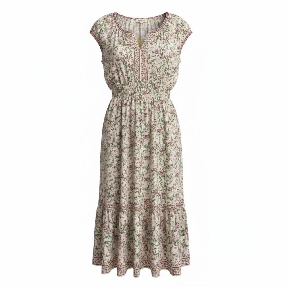Max Studio London Dress Women 2X Ivory Pink Floral Boho Tiered Smocked Garden